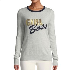Autumn Cahsmere Heather Gray 'Girl Boss' Sweater with Gold & Navy Accents NWT L